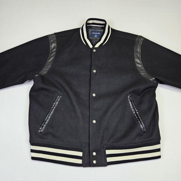 Abercrombie & Fitch Varsity Bomber Jacket Mens XL Wool Feel Relaxed Fit Black - Picture 2 of 10